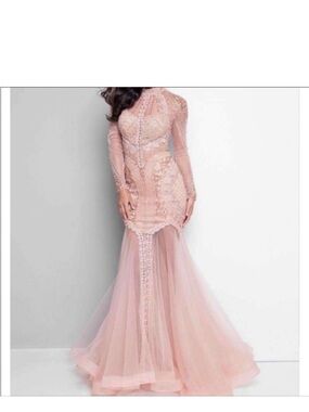 Terani Couture Pink Beaded Illusion Mermaid Gown worn for prom 4hours
